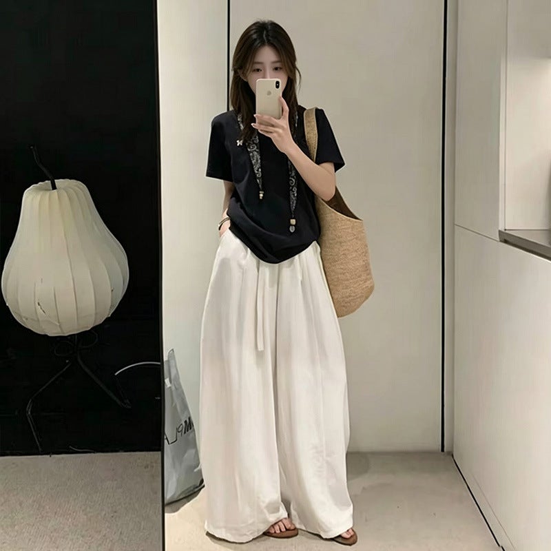 Women's High Waist Drawstring Wide Leg Casual Pants Korean Style Summer - Image 4