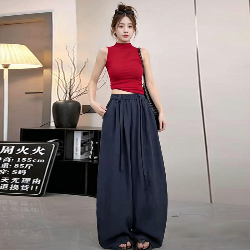 Women's High Waist Drawstring Wide Leg Casual Pants Korean Style Summer - Image 3