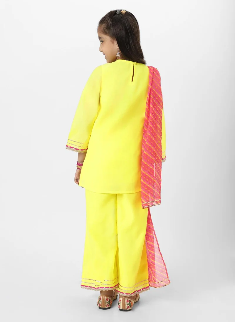 Nautinati Nautinati Girls' Yellow Tassel Detail Occasion Wear Kurti Set With Printed Chiffon Dupatta