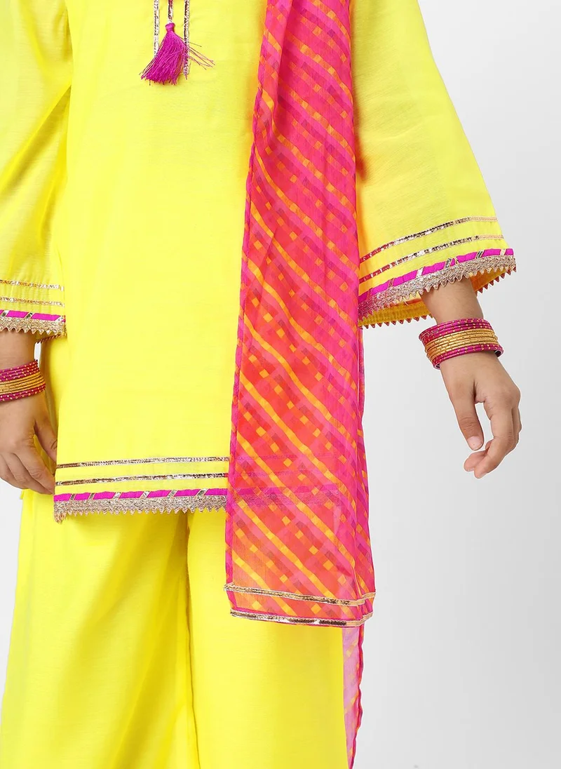 Nautinati Nautinati Girls' Yellow Tassel Detail Occasion Wear Kurti Set With Printed Chiffon Dupatta