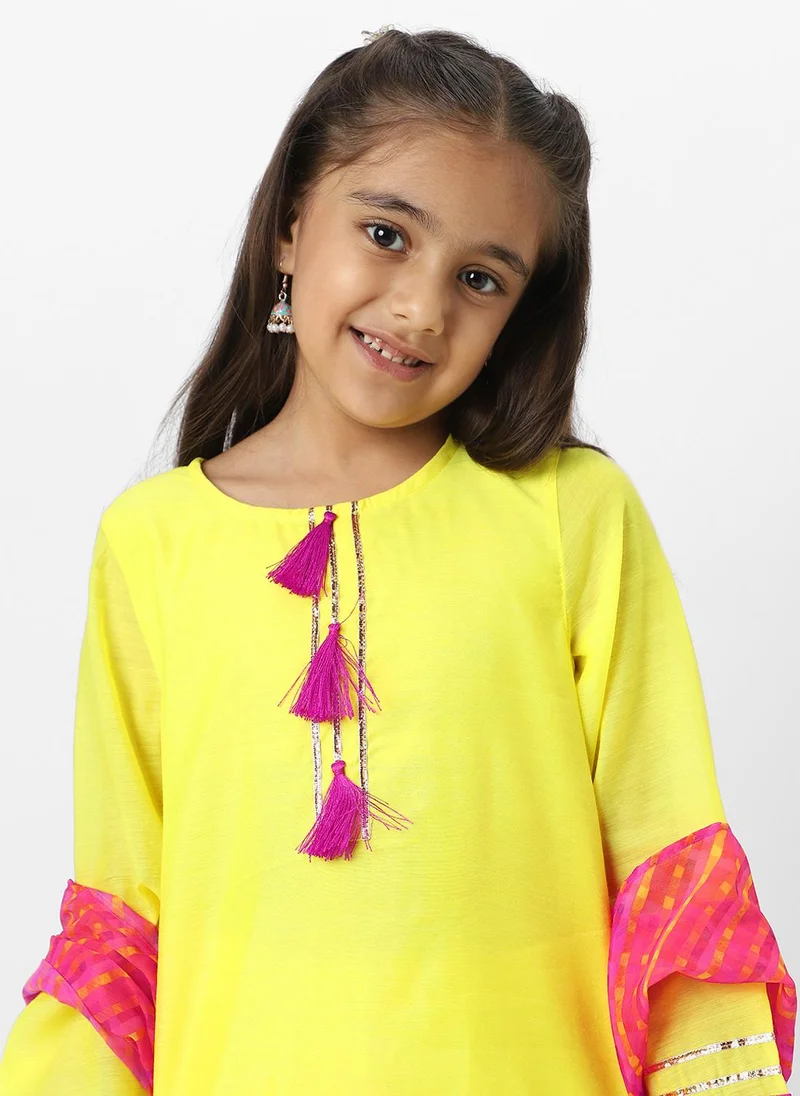 Nautinati Nautinati Girls' Yellow Tassel Detail Occasion Wear Kurti Set With Printed Chiffon Dupatta