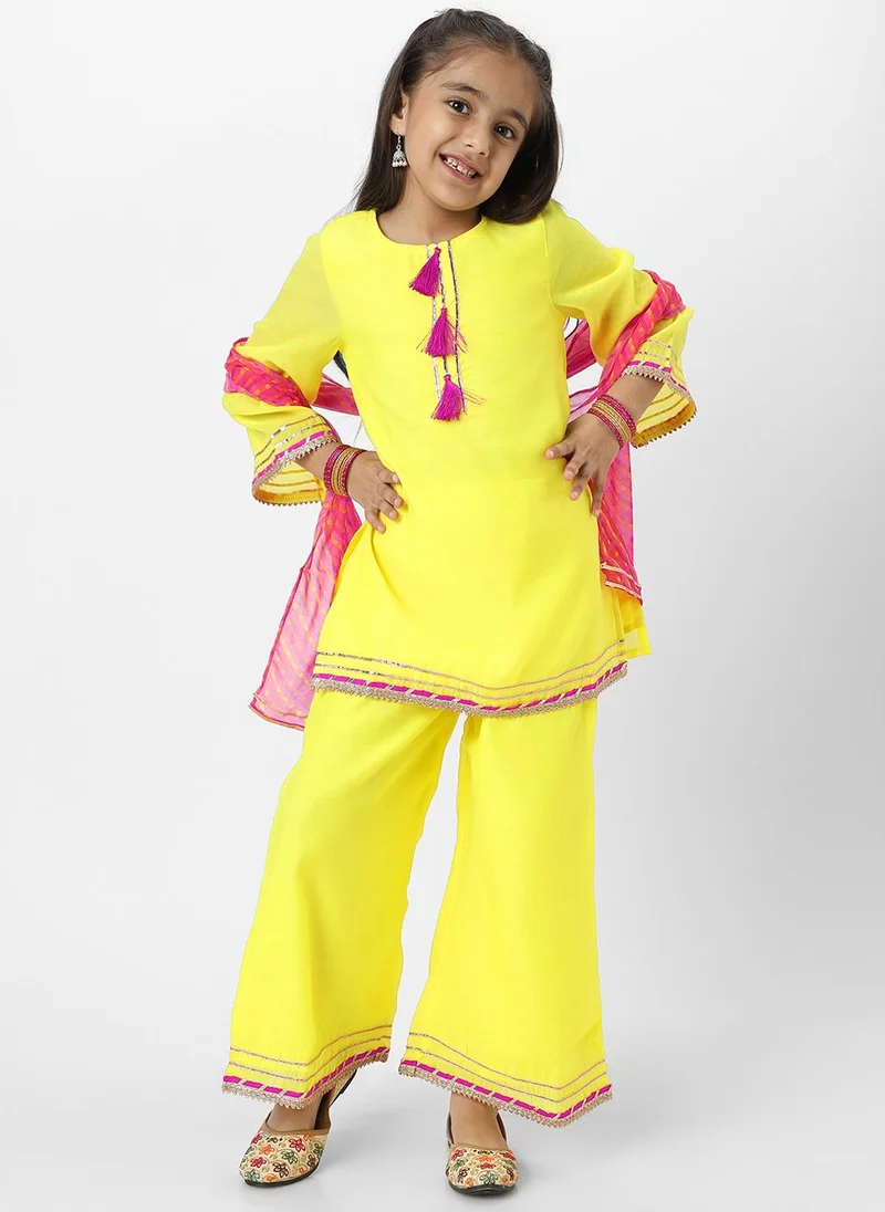 Nautinati Nautinati Girls' Yellow Tassel Detail Occasion Wear Kurti Set With Printed Chiffon Dupatta