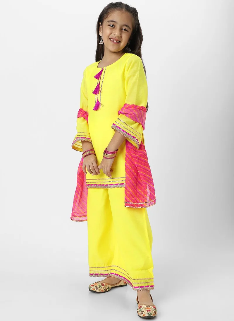 Nautinati Nautinati Girls' Yellow Tassel Detail Occasion Wear Kurti Set With Printed Chiffon Dupatta