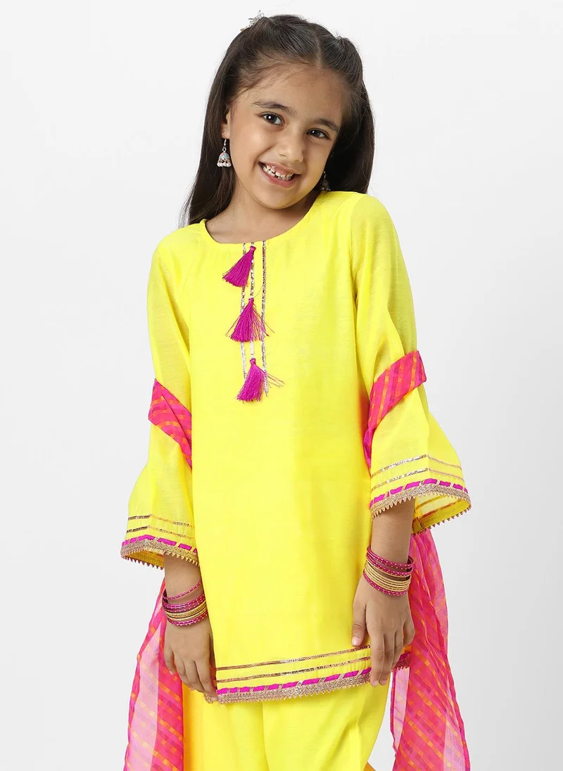 Nautinati Nautinati Girls' Yellow Tassel Detail Occasion Wear Kurti Set With Printed Chiffon Dupatta
