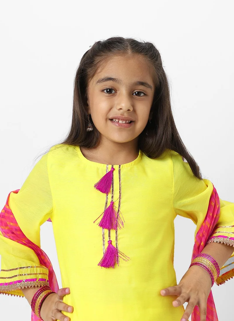 Nautinati Nautinati Girls' Yellow Tassel Detail Occasion Wear Kurti Set With Printed Chiffon Dupatta
