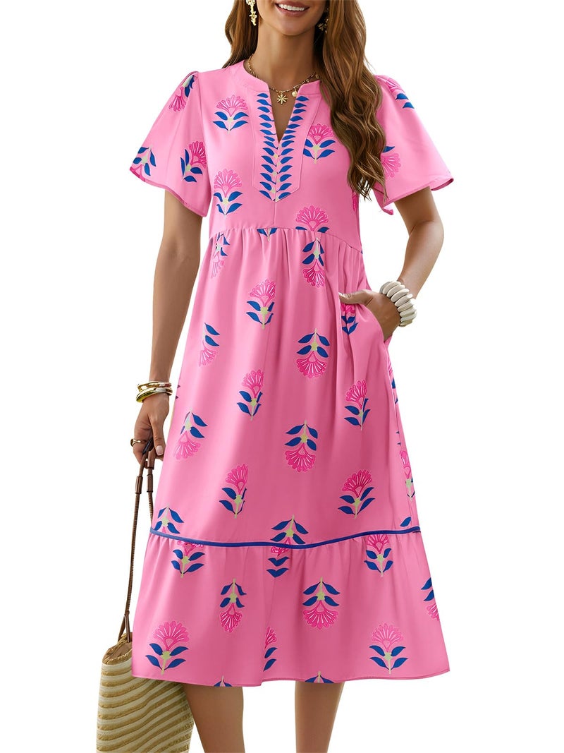 Wenrine Womens Summer Floral Midi Dress Casual Short Sleeve V Neck Flowy Ruffle Boho Beach Sundress with Pockets Pink - Image 1