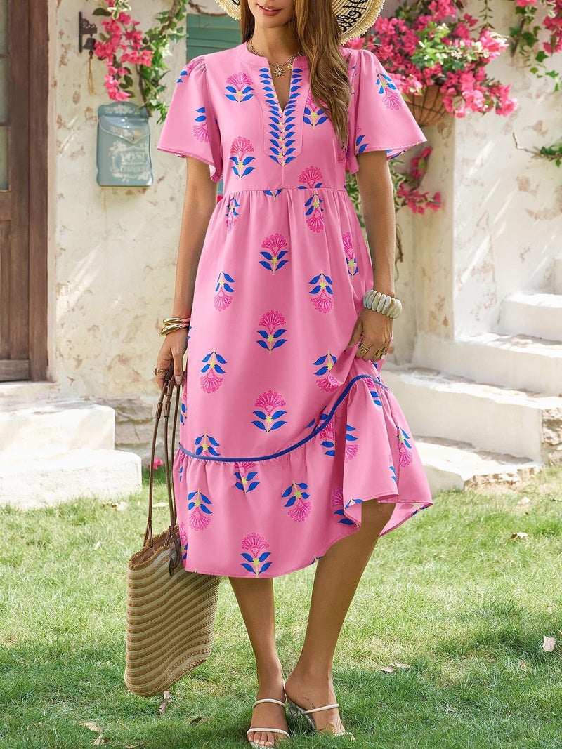 Wenrine Womens Summer Floral Midi Dress Casual Short Sleeve V Neck Flowy Ruffle Boho Beach Sundress with Pockets Pink - Image 3