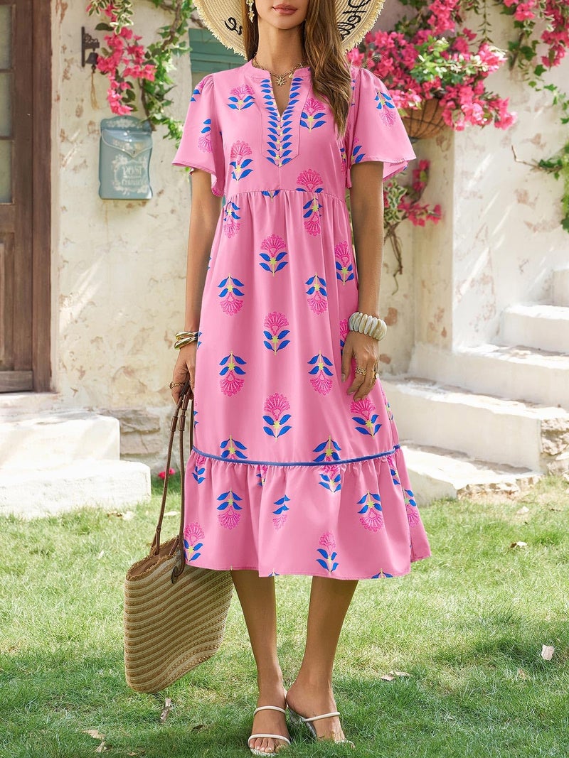 Wenrine Womens Summer Floral Midi Dress Casual Short Sleeve V Neck Flowy Ruffle Boho Beach Sundress with Pockets Pink - Image 4