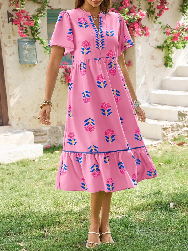Wenrine Womens Summer Floral Midi Dress Casual Short Sleeve V Neck Flowy Ruffle Boho Beach Sundress with Pockets Pink - Image 5