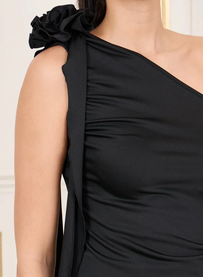 ستايلي Floral Corsage One Shoulder Ruched Detail Knit Top