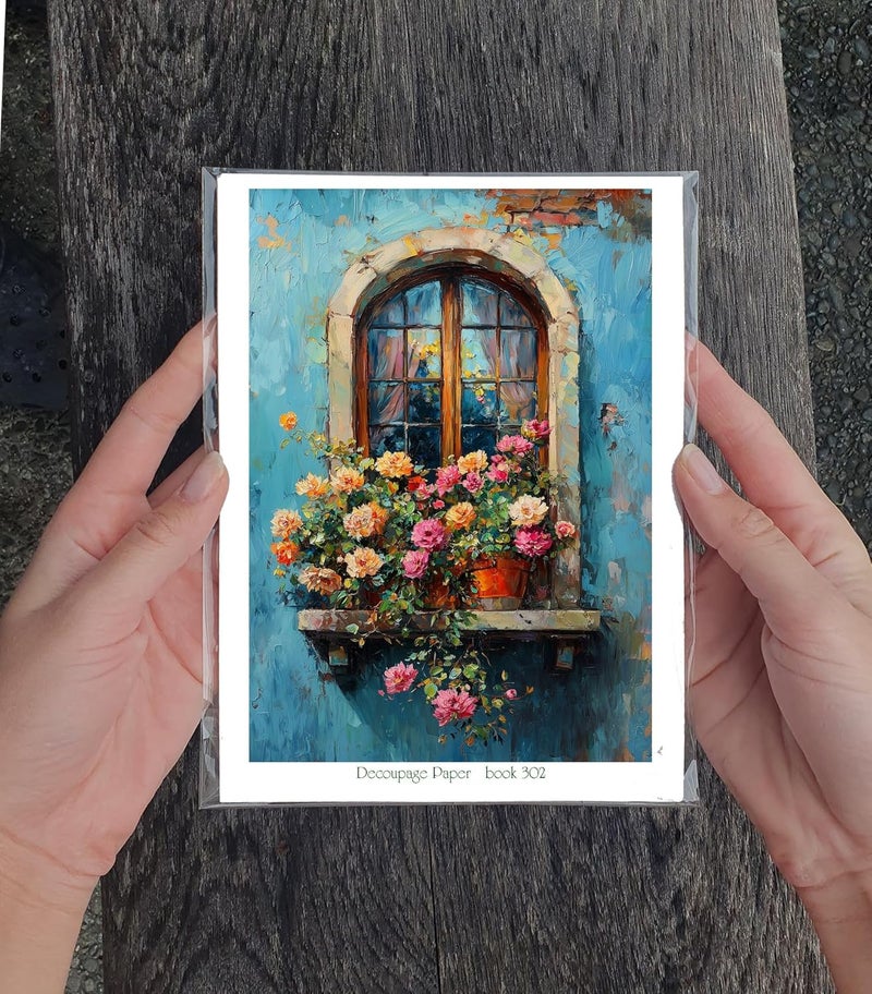Flonz Decoupage Paper Pack (35 Sheets 6"x8") Window Garden Charm: Beautiful Vintage Windows Adorned with Vibrant Flowers in Rustic pots, evoking Warmth and Countryside Serenity Vintage - Image 3