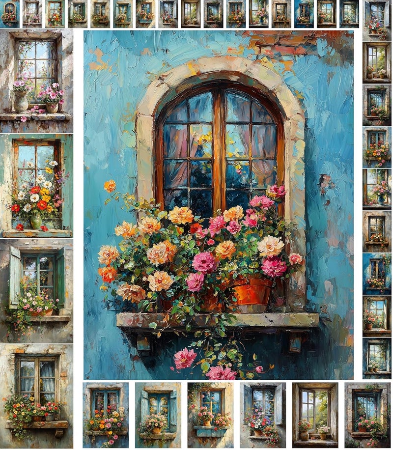 Flonz Decoupage Paper Pack (35 Sheets 6"x8") Window Garden Charm: Beautiful Vintage Windows Adorned with Vibrant Flowers in Rustic pots, evoking Warmth and Countryside Serenity Vintage - Image 1