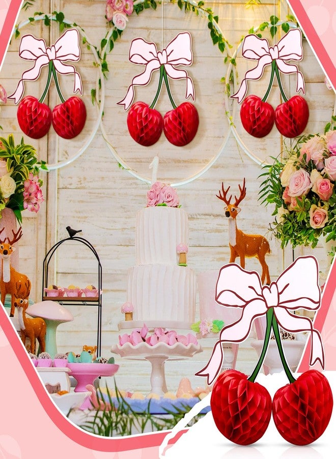Weekgrat 4 Pcs 3D Red Cherry Bow Honeycomb Birthday Party Decorations 12 Inch Large Cherry Centerpiece Table Party Decorations for Home Baby Shower - Image 3
