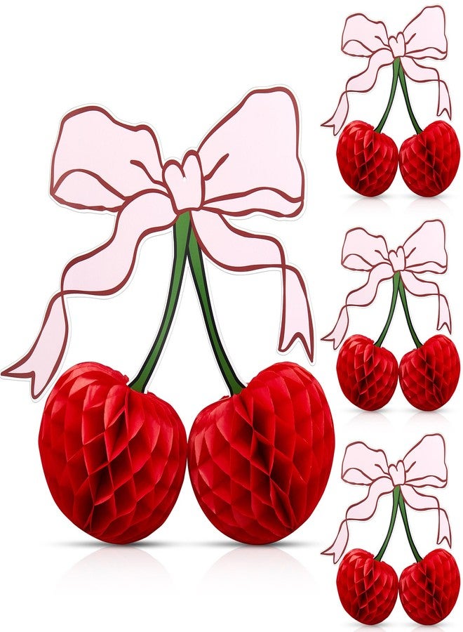 Weekgrat 4 Pcs 3D Red Cherry Bow Honeycomb Birthday Party Decorations 12 Inch Large Cherry Centerpiece Table Party Decorations for Home Baby Shower - Image 1