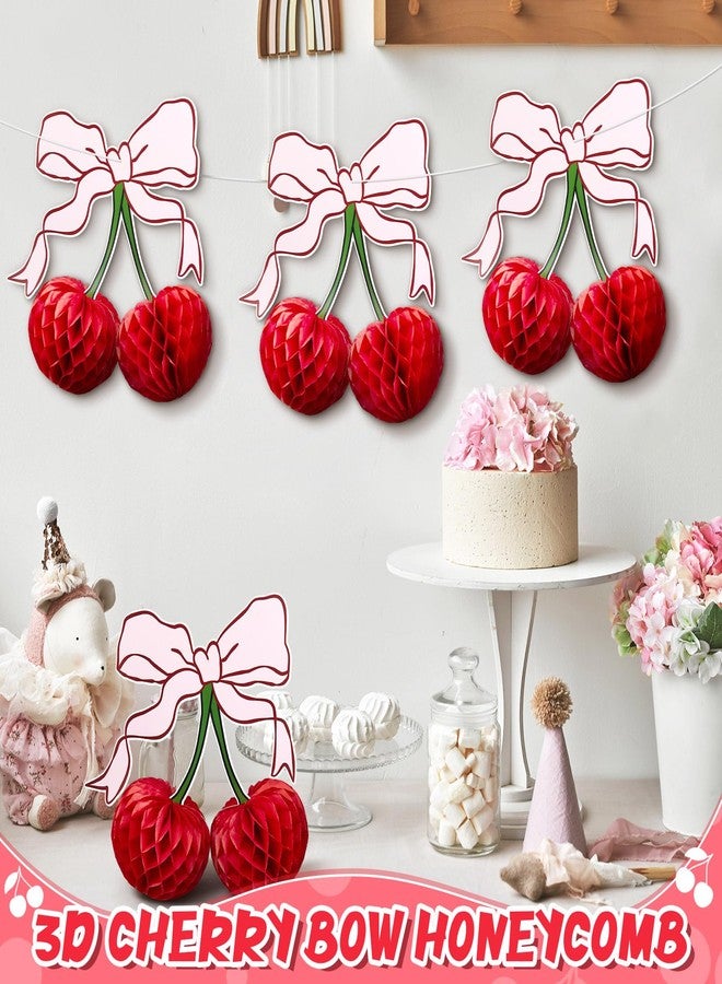 Weekgrat 4 Pcs 3D Red Cherry Bow Honeycomb Birthday Party Decorations 12 Inch Large Cherry Centerpiece Table Party Decorations for Home Baby Shower - Image 5