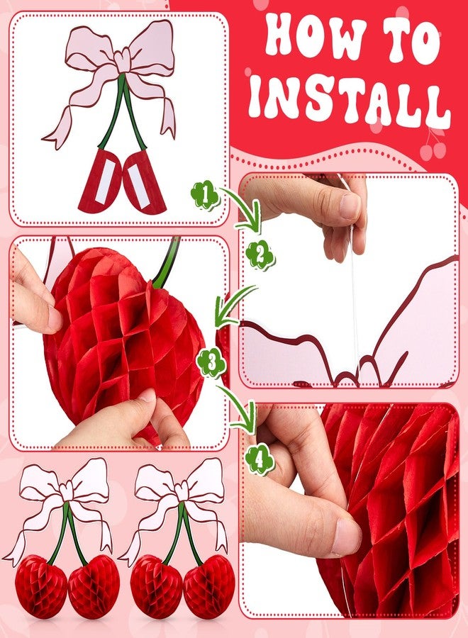 Weekgrat 4 Pcs 3D Red Cherry Bow Honeycomb Birthday Party Decorations 12 Inch Large Cherry Centerpiece Table Party Decorations for Home Baby Shower - Image 4