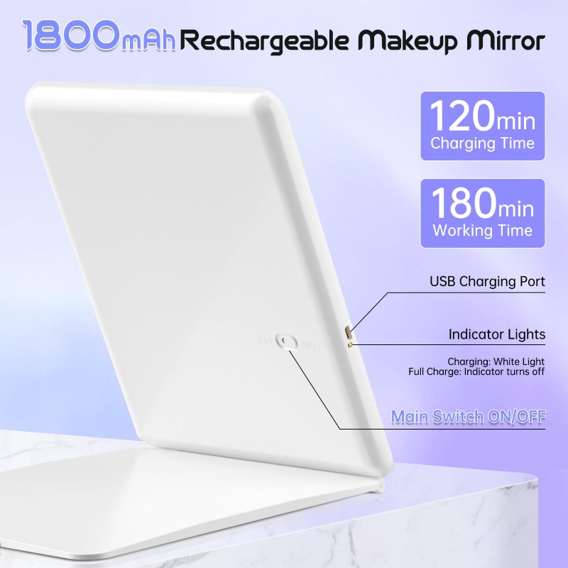 FUNTOUCH Large Rechargeable Travel Makeup Mirror with Light, Portable Makeup Mirror with 10X Magnifying Mirror 3 Lighting Modes, Dimmable Touch Screen, Tabletop Folding Travel Mirror with Storage Bag - Image 3