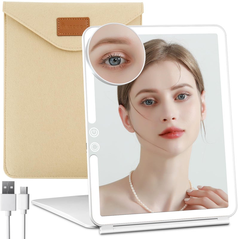FUNTOUCH Large Rechargeable Travel Makeup Mirror with Light, Portable Makeup Mirror with 10X Magnifying Mirror 3 Lighting Modes, Dimmable Touch Screen, Tabletop Folding Travel Mirror with Storage Bag - Image 1