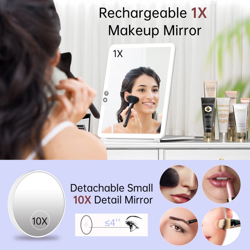 FUNTOUCH Large Rechargeable Travel Makeup Mirror with Light, Portable Makeup Mirror with 10X Magnifying Mirror 3 Lighting Modes, Dimmable Touch Screen, Tabletop Folding Travel Mirror with Storage Bag - Image 2