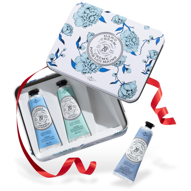 La Chatelaine Hand Cream Trio Tin Gift Set ReadyToGift Tin Nautral Made in France with 20 Organic Shea Butter Nourishing and Moisturizing Amber Cashmere Coconut Milk Lychee Bilberry or Shea