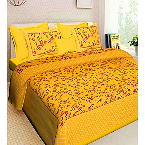 EarlyMart Cotton Comfort 180 TC Rajasthani Jaipuri Traditional Floral Double Bed Bedsheet with 2 Pillow Covers (Double_034, Yellow, King Size) - Image 1