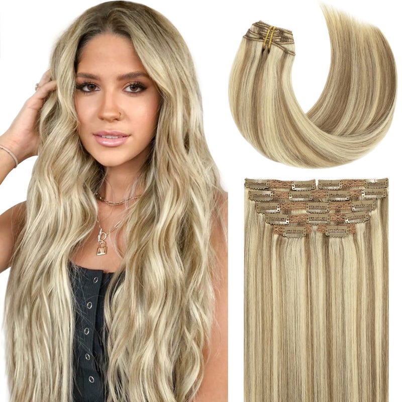 Lacer Hair Extensions Clip In Human Hair Thick Straight Hair Light Brown Highlights Platinum Blonde Color Clip On Real Hair Extensions Remy Hair 120 Gram 7pcs 16 Inch