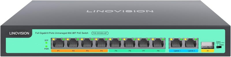 LINOVISION مفتاح LINOVISION 8 منافذ جيجابت كامل PoE++، 4 منافذ BT 90W، 4 منافذ 30W، 2 GE ومنفذ SFP جيجابت واحد للارتباط الصاعد، IEEE 802.3 af/at/bt، إجمالي ميزانية الطاقة 120W، خرج 90W على المنافذ 1-4، PoE للمسافات الطويلة - Image 1