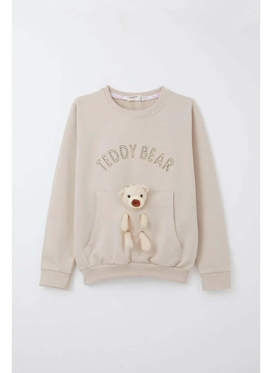 بريز Girls Tracksuit Set with Teddy Bear Accessory and Text Embroidery, 5-9 Years, Beige
