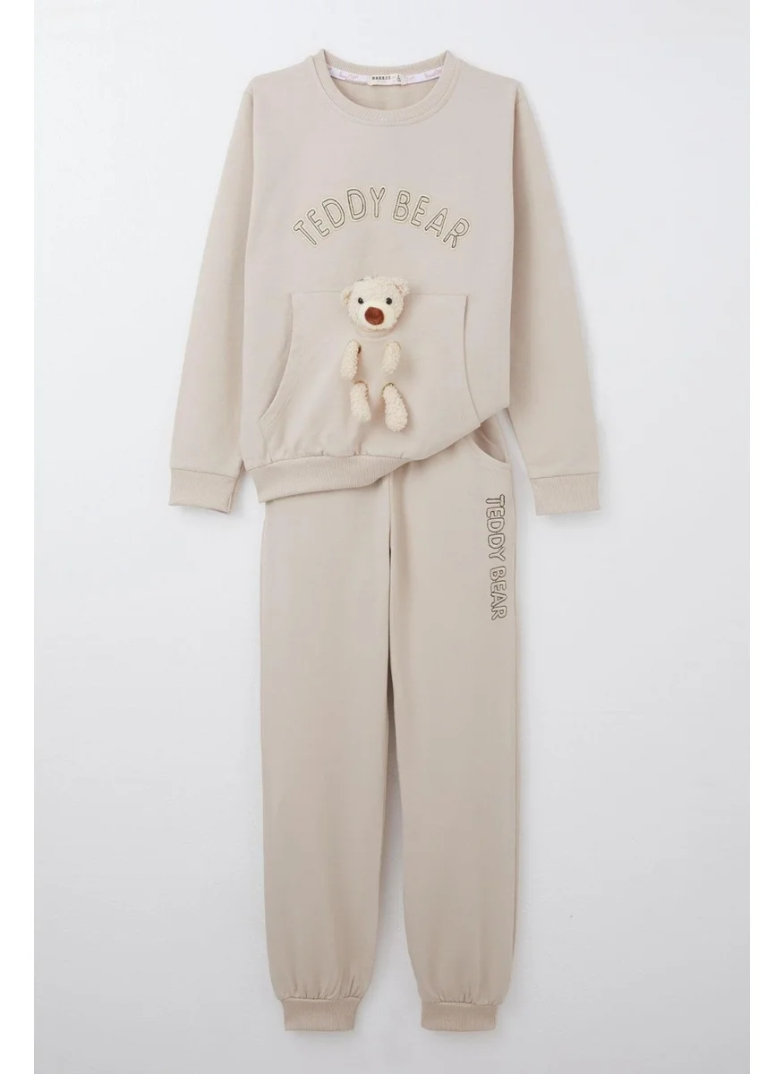 بريز Girls Tracksuit Set with Teddy Bear Accessory and Text Embroidery, 5-9 Years, Beige