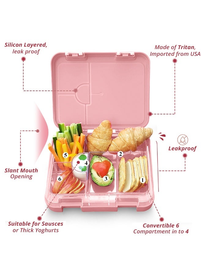 COCOBEE Kids Bento Lunch Box – 6 Compartments, Leakproof, BPA Free, Microwave Safe – Pink +  Tritan Leakproof Water Bottle, 480ml - Image 5