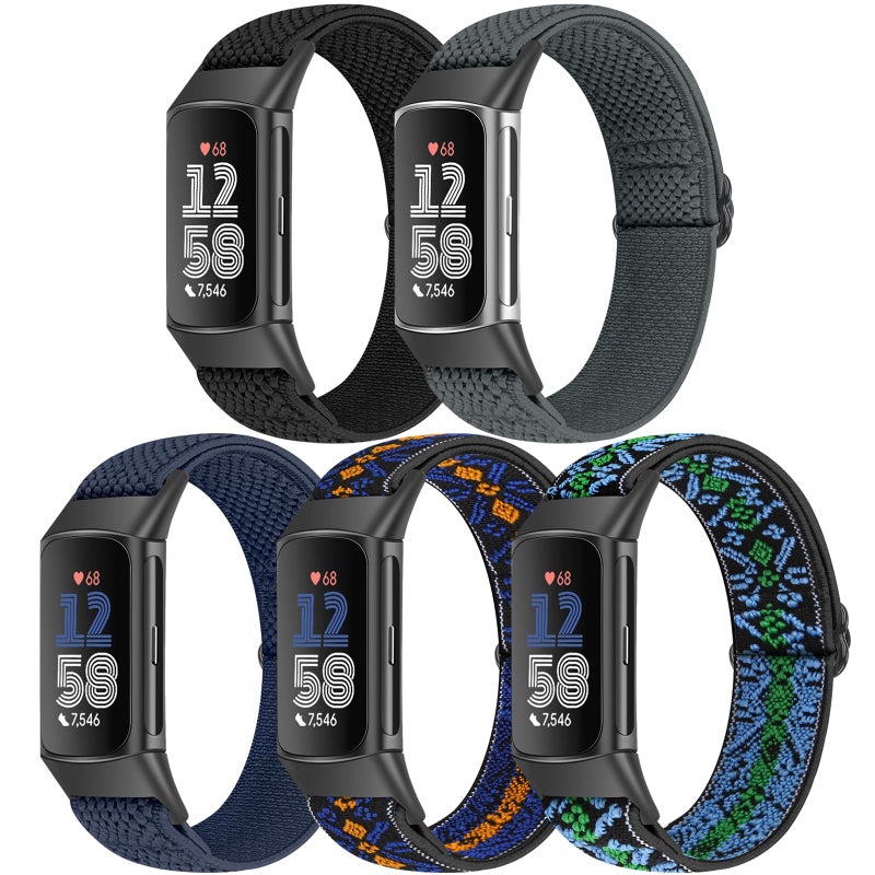 Bcuckood 5 Pack Elastic Nylon Watch Bands Compatible for Fitbit Charge 6/Fitbit Charge 5, Adjustable Breathable Replacement Stretchy Nylon Loop Wristband Sport Strap for Women Men - Image 1