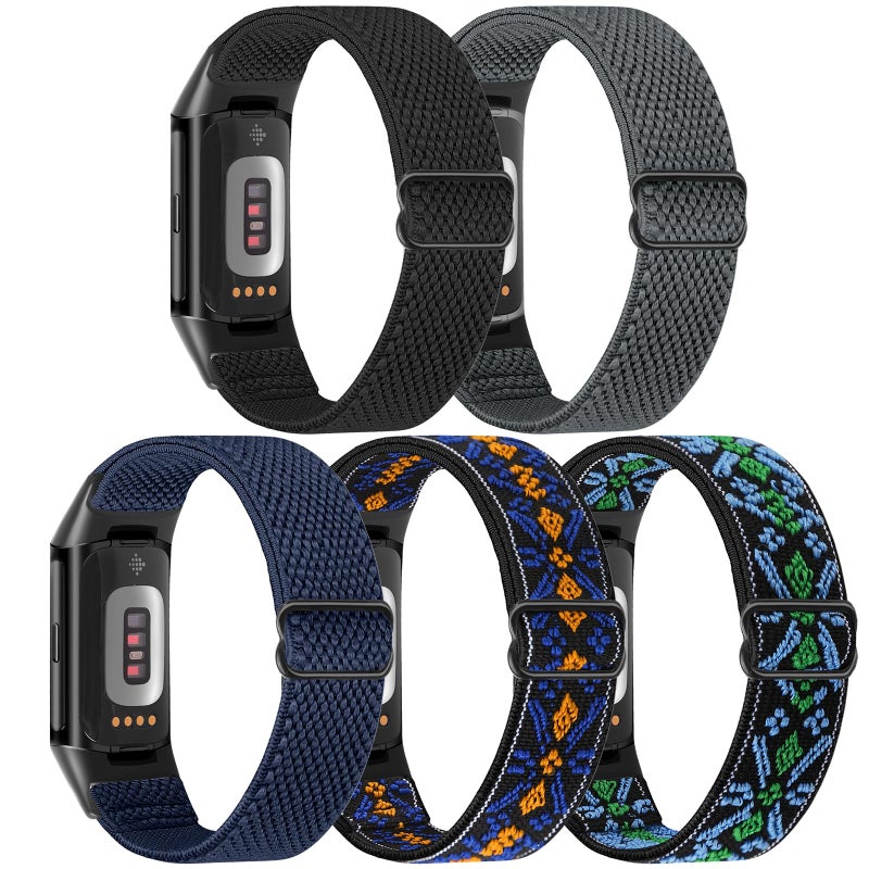 Bcuckood 5 Pack Elastic Nylon Watch Bands Compatible for Fitbit Charge 6/Fitbit Charge 5, Adjustable Breathable Replacement Stretchy Nylon Loop Wristband Sport Strap for Women Men - Image 2