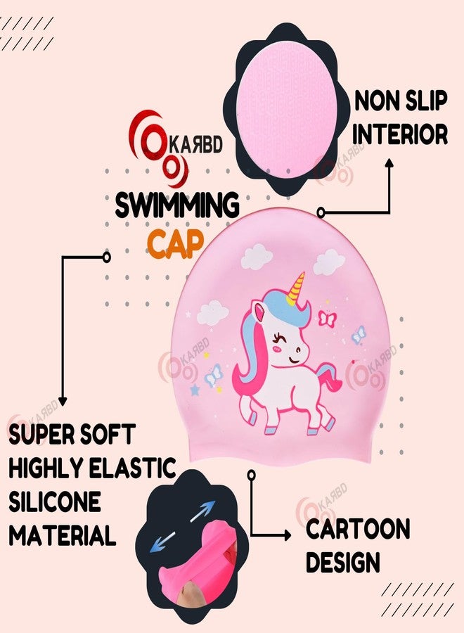 KARBD قبعة سباحة سيليكون من كاربد، للجنسين، مقاومة للماء، مناسبة لرياضات الماء للأطفال من جميع الأعمار (مقاس موحد، تصميم داخلي مانع للانزلاق، تصميم كرتوني، لون وردي ناعم للغاية، وحيد القرن واقف). - Image 2