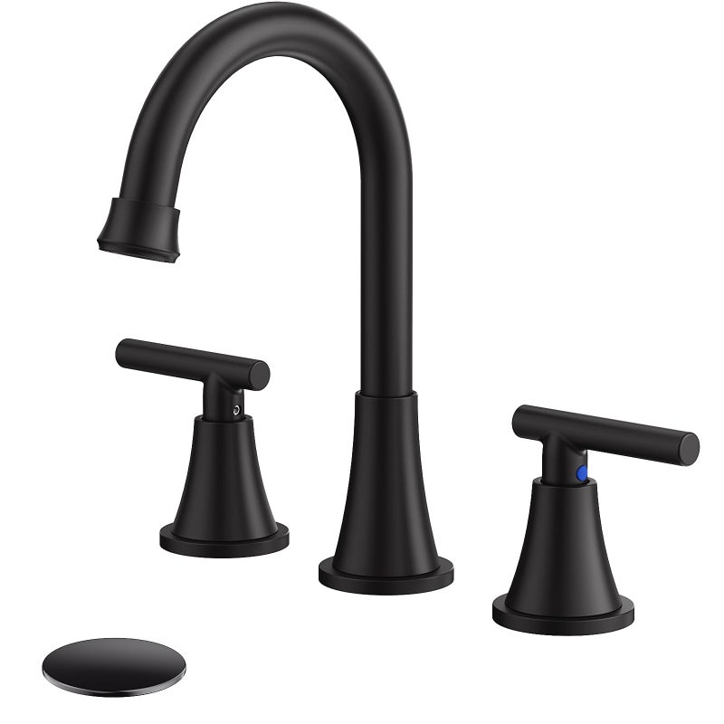 Hurran Bathroom Faucets for Sink 3 Hole, Hurran Matte Black Bathroom Sink Faucet with Pop-up Drain and Supply Lines, Stainless Steel Lead-Free Widespread Faucet for Vanity RV Farmhouse Sink - Image 1