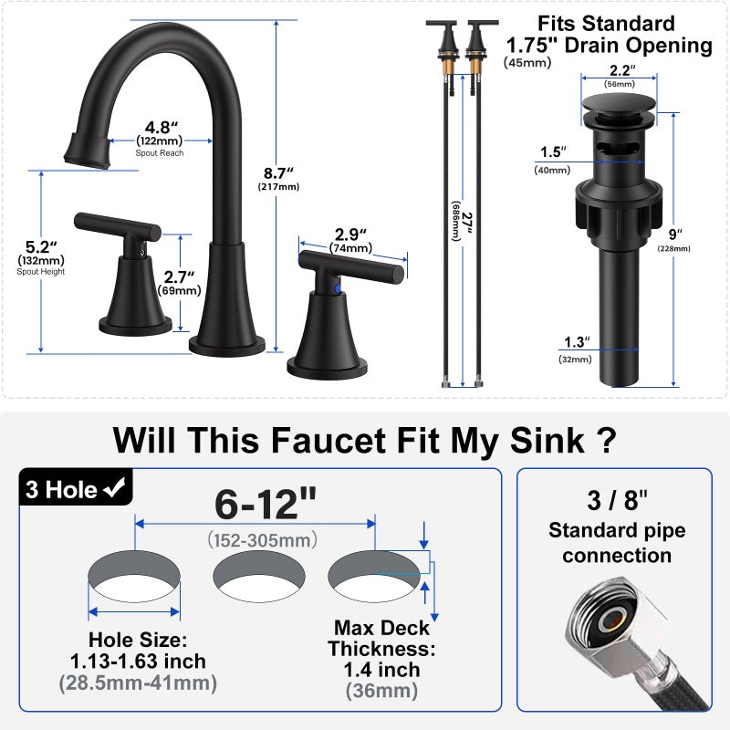 Hurran Bathroom Faucets for Sink 3 Hole, Hurran Matte Black Bathroom Sink Faucet with Pop-up Drain and Supply Lines, Stainless Steel Lead-Free Widespread Faucet for Vanity RV Farmhouse Sink - Image 5