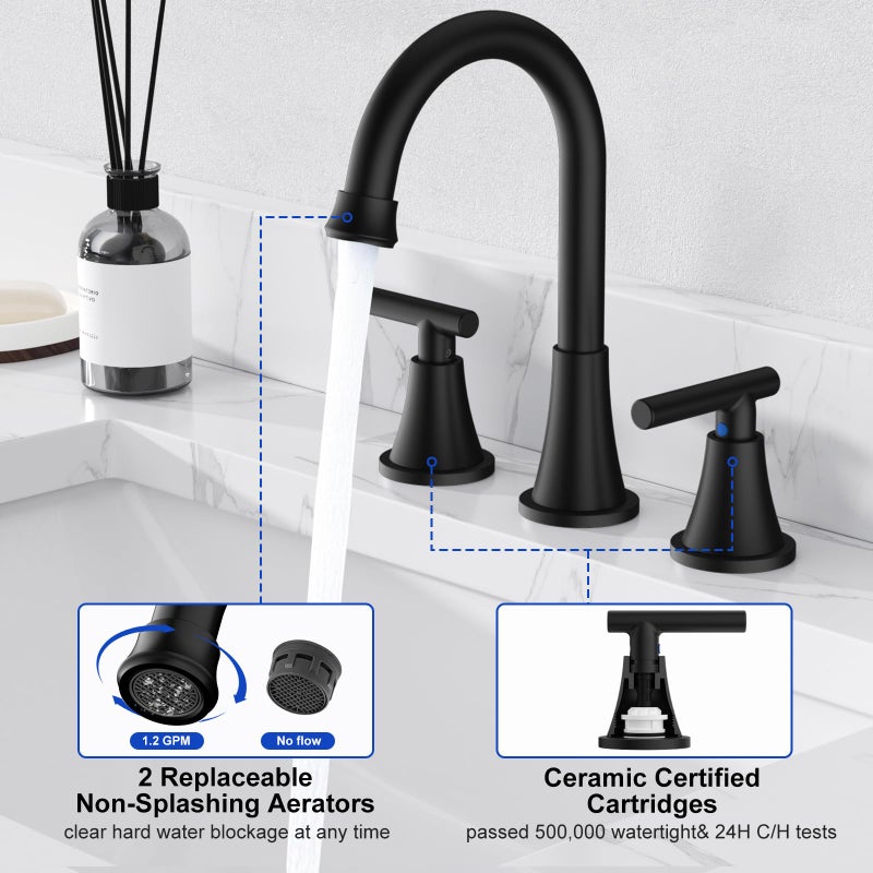 Hurran Bathroom Faucets for Sink 3 Hole, Hurran Matte Black Bathroom Sink Faucet with Pop-up Drain and Supply Lines, Stainless Steel Lead-Free Widespread Faucet for Vanity RV Farmhouse Sink - Image 4