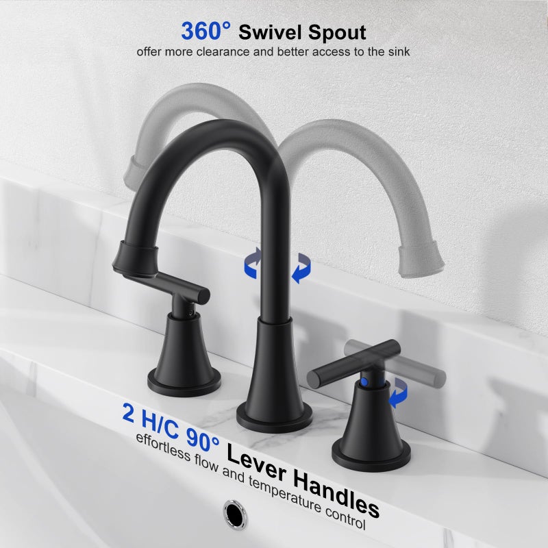 Hurran Bathroom Faucets for Sink 3 Hole, Hurran Matte Black Bathroom Sink Faucet with Pop-up Drain and Supply Lines, Stainless Steel Lead-Free Widespread Faucet for Vanity RV Farmhouse Sink - Image 3