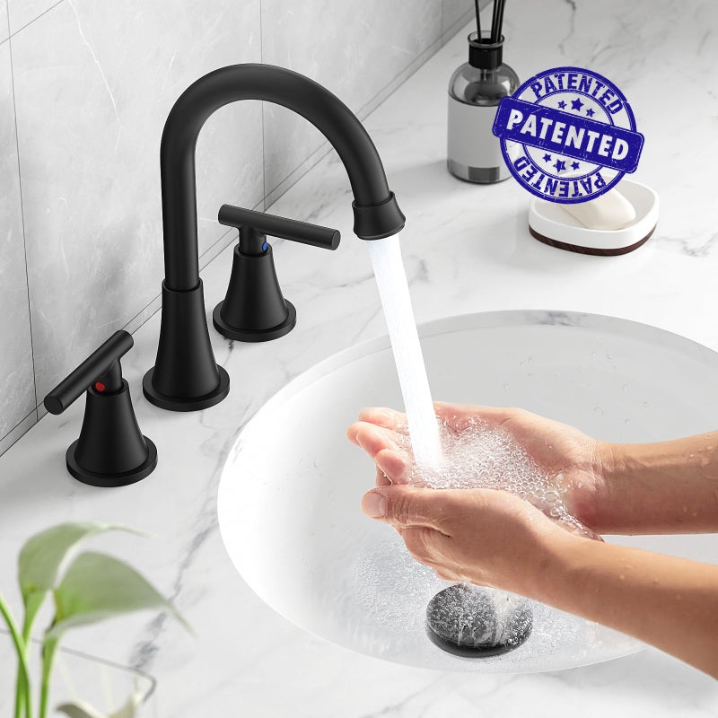 Hurran Bathroom Faucets for Sink 3 Hole, Hurran Matte Black Bathroom Sink Faucet with Pop-up Drain and Supply Lines, Stainless Steel Lead-Free Widespread Faucet for Vanity RV Farmhouse Sink - Image 2