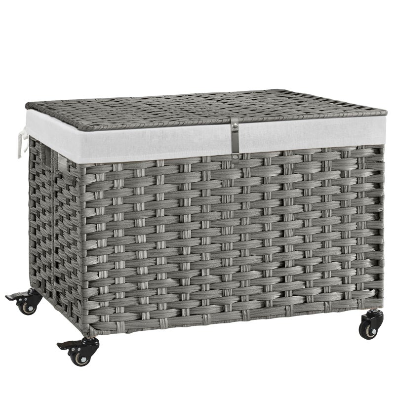 Hiagnete Rolling Storage Basket with Lid, 47.6 Gallon (180L) Storage Bin with Wheels, Woven Rattan Blanket Storage Basket with Handles, Foldable, Metal Frame, Removable Liner for Bedroom, Laundry Room, Grey - Image 1