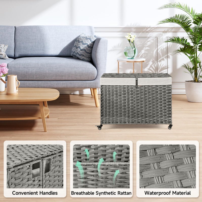Hiagnete Rolling Storage Basket with Lid, 47.6 Gallon (180L) Storage Bin with Wheels, Woven Rattan Blanket Storage Basket with Handles, Foldable, Metal Frame, Removable Liner for Bedroom, Laundry Room, Grey - Image 5