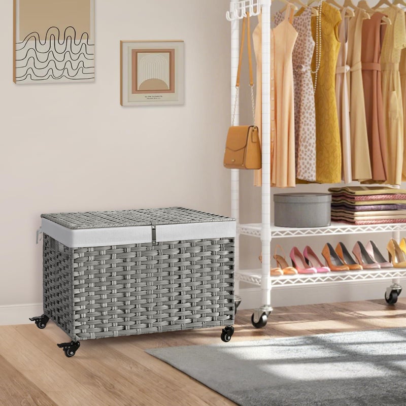 Hiagnete Rolling Storage Basket with Lid, 47.6 Gallon (180L) Storage Bin with Wheels, Woven Rattan Blanket Storage Basket with Handles, Foldable, Metal Frame, Removable Liner for Bedroom, Laundry Room, Grey - Image 2