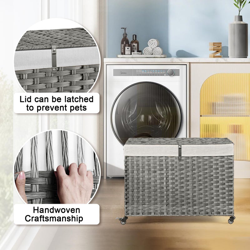 Hiagnete Rolling Storage Basket with Lid, 47.6 Gallon (180L) Storage Bin with Wheels, Woven Rattan Blanket Storage Basket with Handles, Foldable, Metal Frame, Removable Liner for Bedroom, Laundry Room, Grey - Image 3