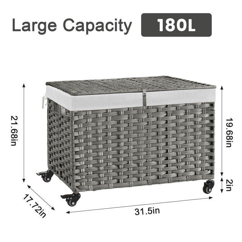 Hiagnete Rolling Storage Basket with Lid, 47.6 Gallon (180L) Storage Bin with Wheels, Woven Rattan Blanket Storage Basket with Handles, Foldable, Metal Frame, Removable Liner for Bedroom, Laundry Room, Grey - Image 4