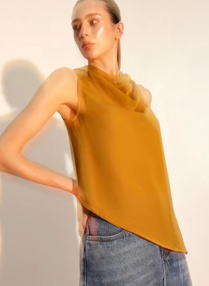 دينيس لينغو Mustard Satin Solid Print Blouse Regular Fit Tops For Women