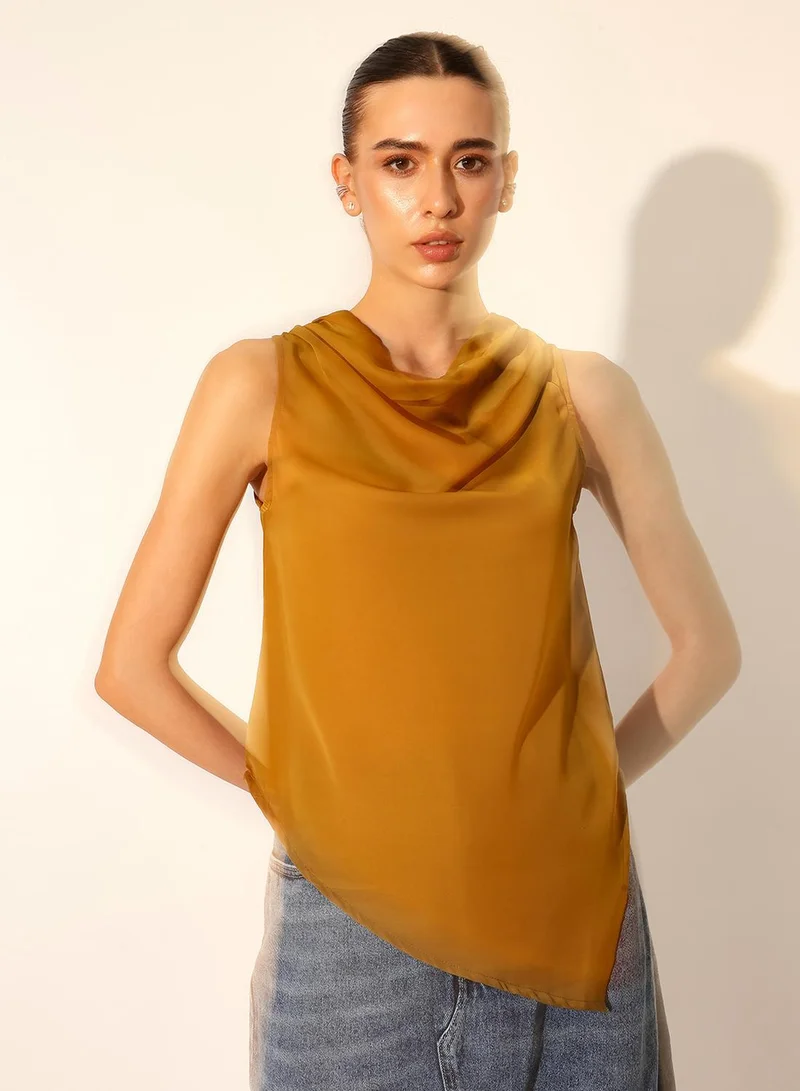 دينيس لينغو Mustard Satin Solid Print Blouse Regular Fit Tops For Women
