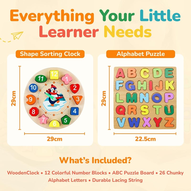 Neobloom Small Wooden Clock & Alphabet Puzzle Set – Montessori Learning Toy for Kids Age 3–5 Teach Time, ABC, Shapes & Fine Motor Skills Safe Non-Toxic Wooden Educational Toy for Toddlers Small Size - Image 5