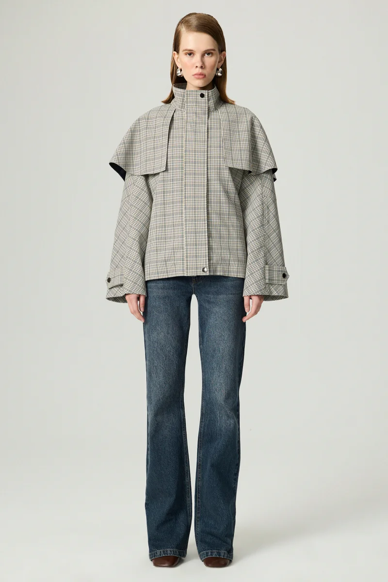 Nocturne Plaid Funnel-Neck Cape Jacket
