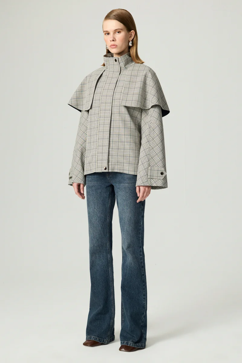Nocturne Plaid Funnel-Neck Cape Jacket