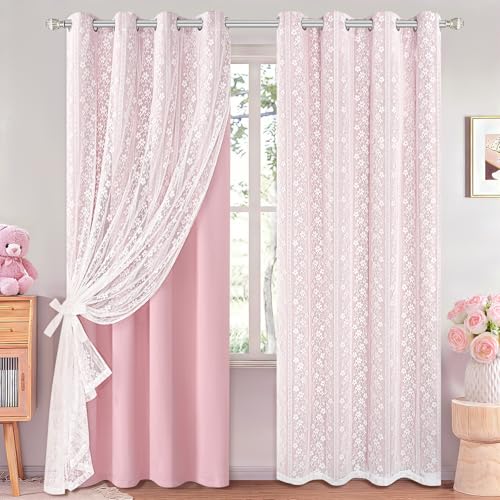 ASPMIZ Pink Blackout Curtains for Bedroom 63 inch Long, Double Layer Curtains with Lace Overlay, Light Blocking Grommet Drapes for Girls Living Room Thermal Insulated Window Curtain Set of 2, 52x63 - Image 1