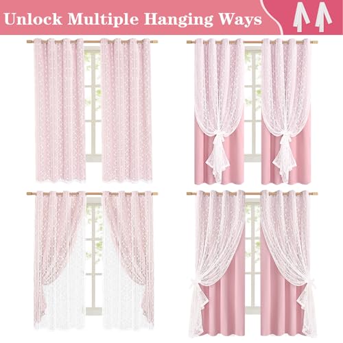 ASPMIZ Pink Blackout Curtains for Bedroom 63 inch Long, Double Layer Curtains with Lace Overlay, Light Blocking Grommet Drapes for Girls Living Room Thermal Insulated Window Curtain Set of 2, 52x63 - Image 4